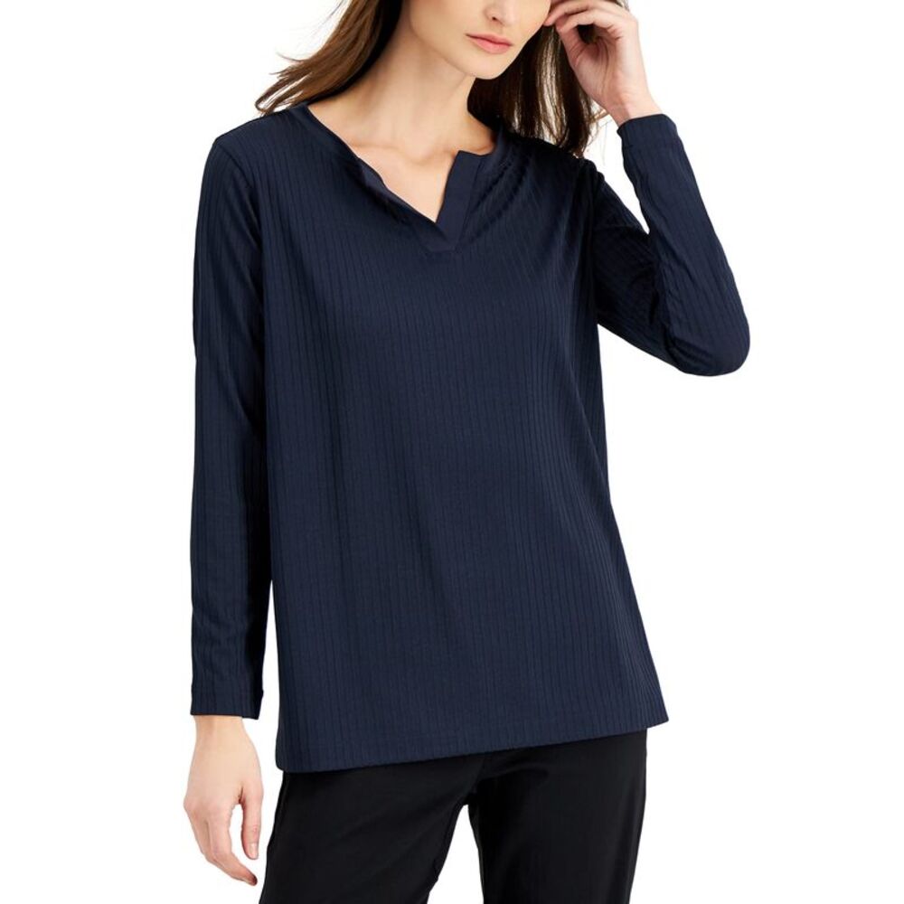 Alfani Ribbed Split Neck Top - Picture 3 of 3